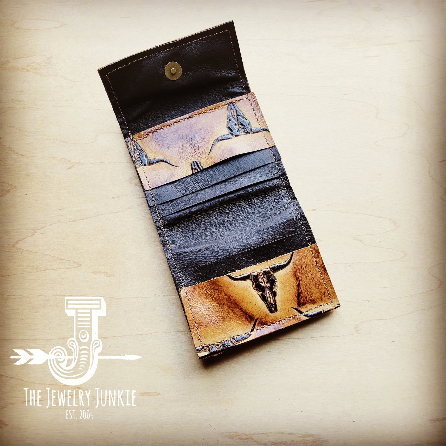 *Arizona Tri-Fold Embossed Leather Wallet-Tan Steer Head 303k