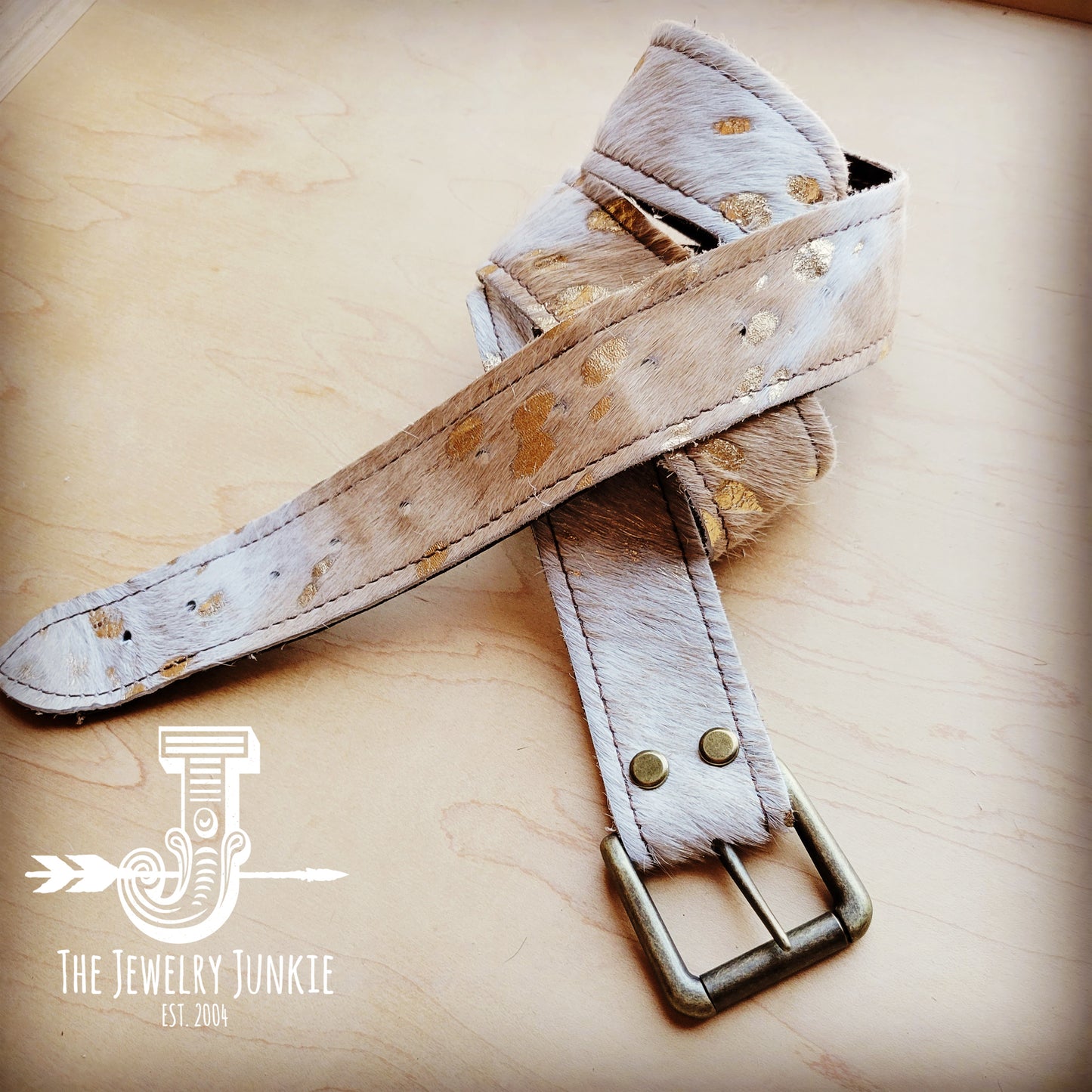 Mixed Metallic Hair on Hide Leather Belt w/ Antique Gold Buckle 903k