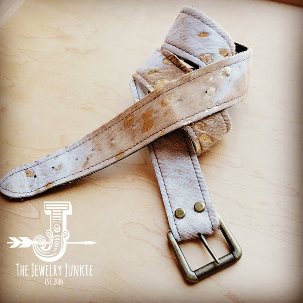 Mixed Metallic Hair on Hide Leather Belt w/ Antique Gold Buckle 903k