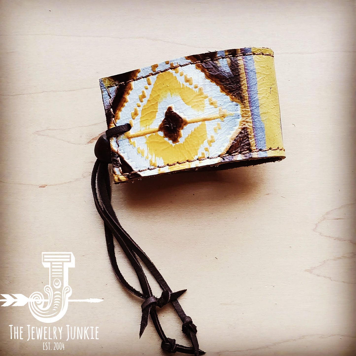 **Leather Cuff w/ Adjustable Tie-Yellow Navajo 003w