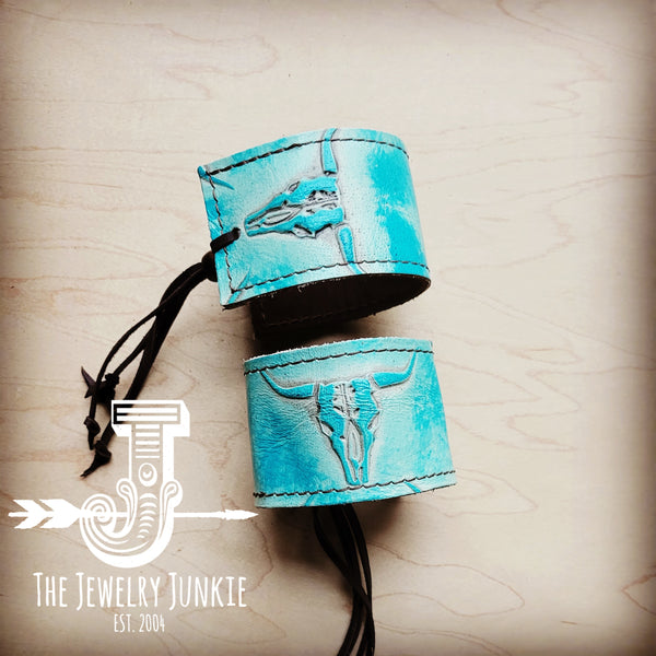 Wide Leather Cuff w/ Adjustable Tie in Turquoise Steer Head 013i