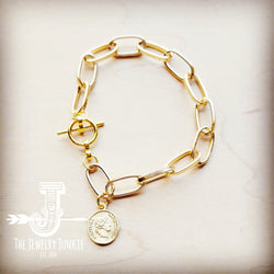 **Gold Link Bracelet with Matte Gold Coin Dangle 807d