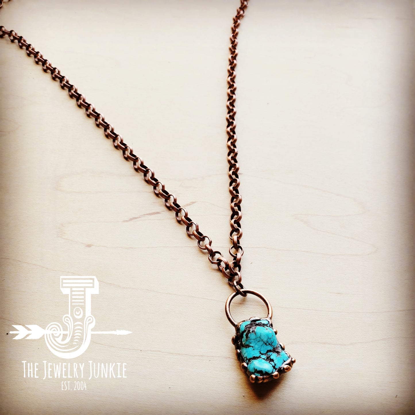 Long Copper Necklace w/ Turquoise and Copper Pendant 255f