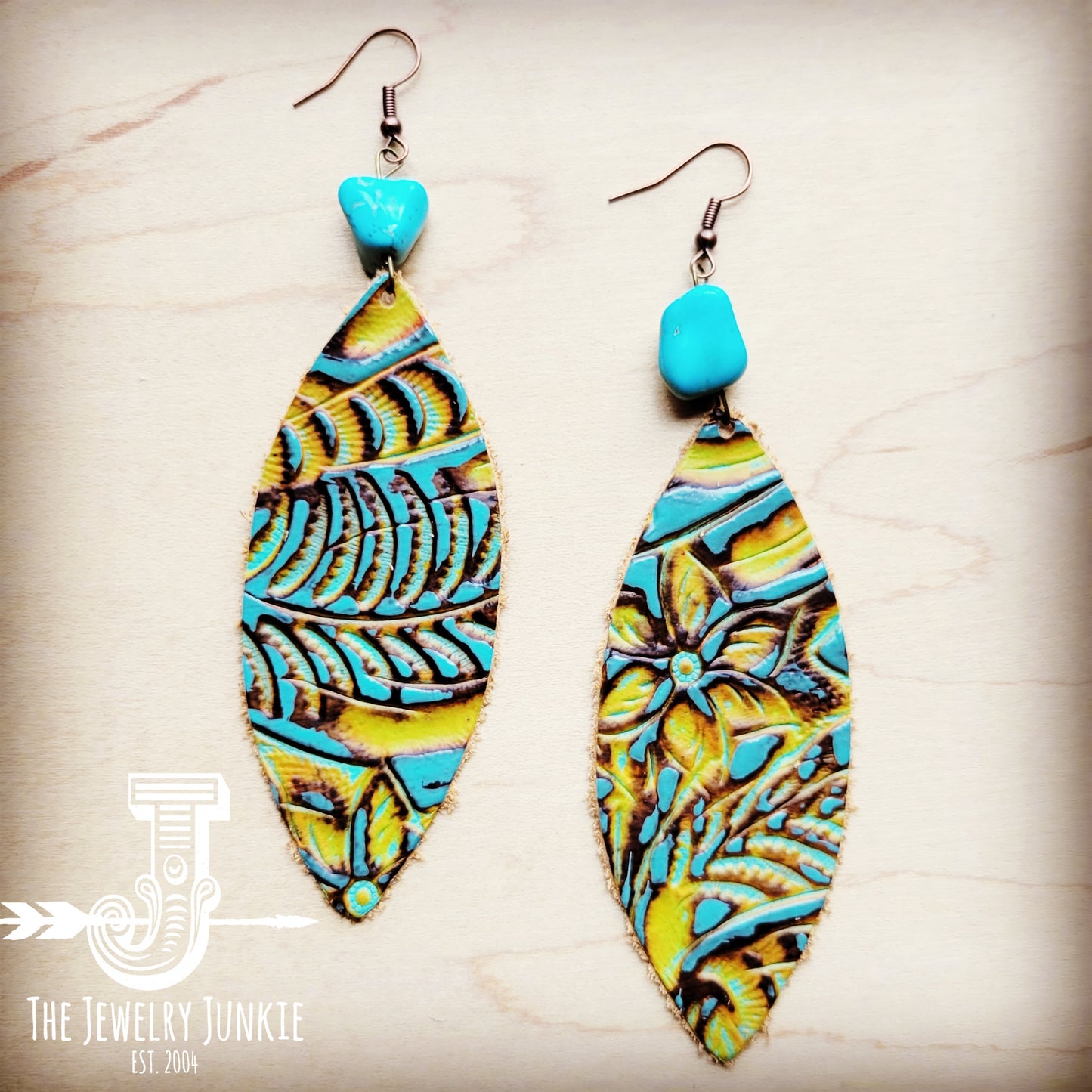 Leather Oval Earrings in Turquoise Mustard w/ Turquoise Accent