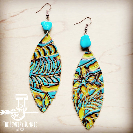 Leather Oval Earrings in Turquoise Mustard w/ Turquoise Accent