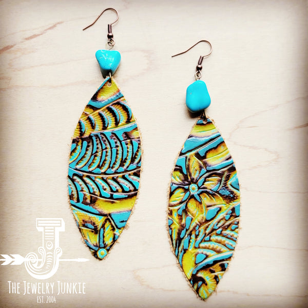 Leather Oval Earrings in Turquoise Mustard w/ Turquoise Accent