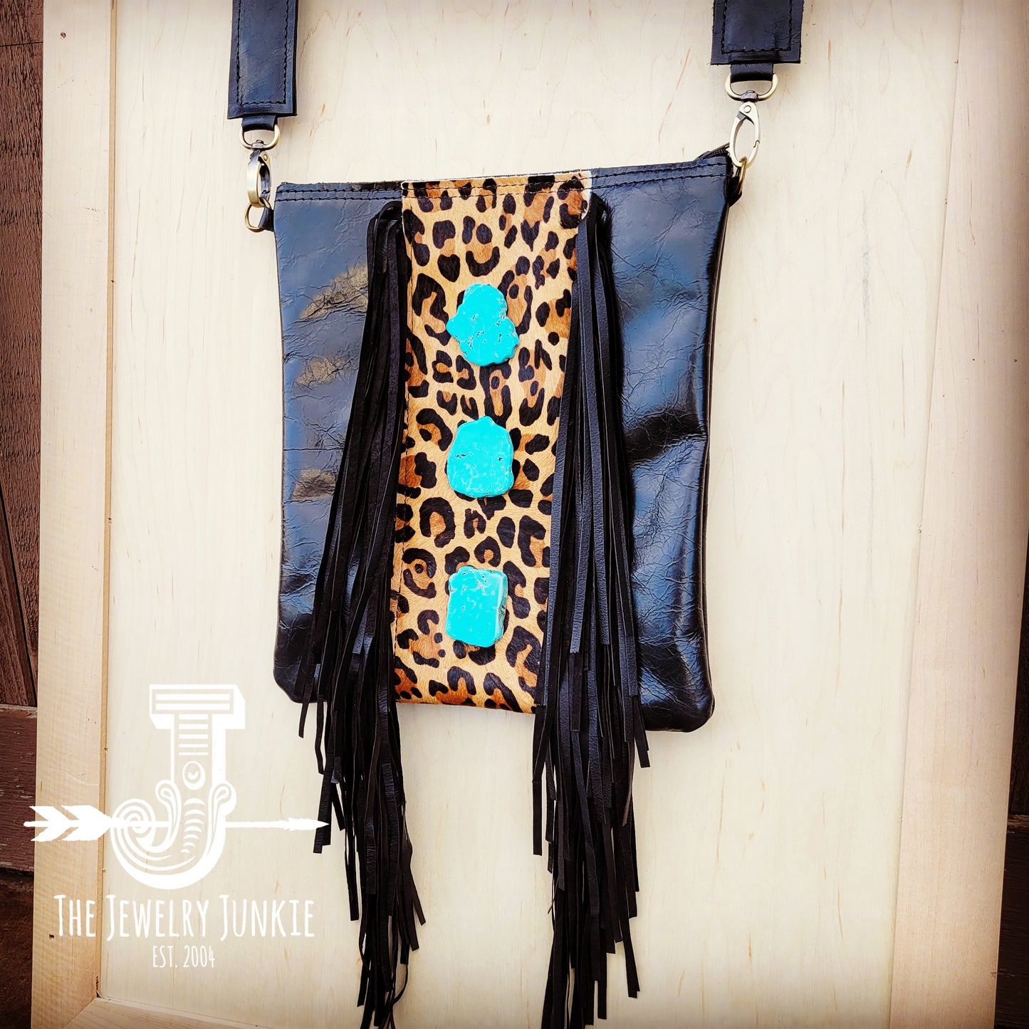 Crossbody Handbag w/ Leopard Accent & Turquoise Slabs 510o