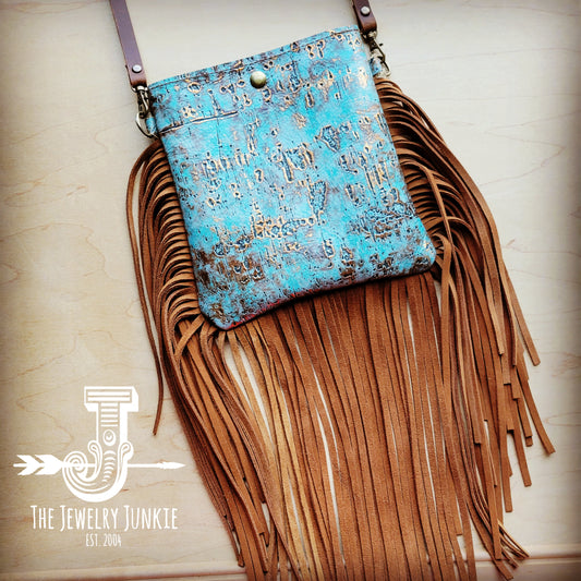 Small Crossbody Handbag w/ Turquoise Metallic Leather Full Fringe 507s