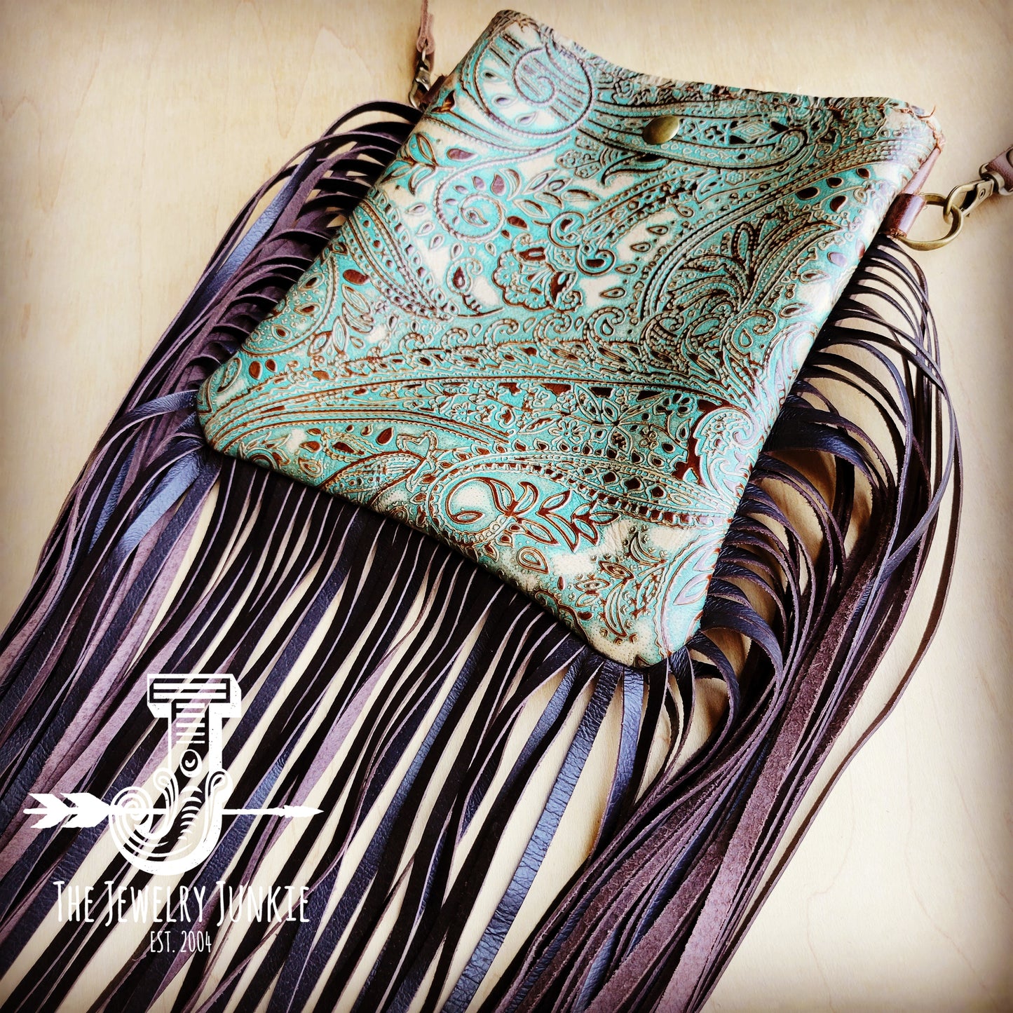 **Small Crossbody Handbag w/ Turquoise Brown Paisley Full Fringe 508f