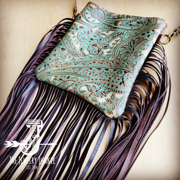 **Small Crossbody Handbag w/ Turquoise Brown Paisley Full Fringe 508f