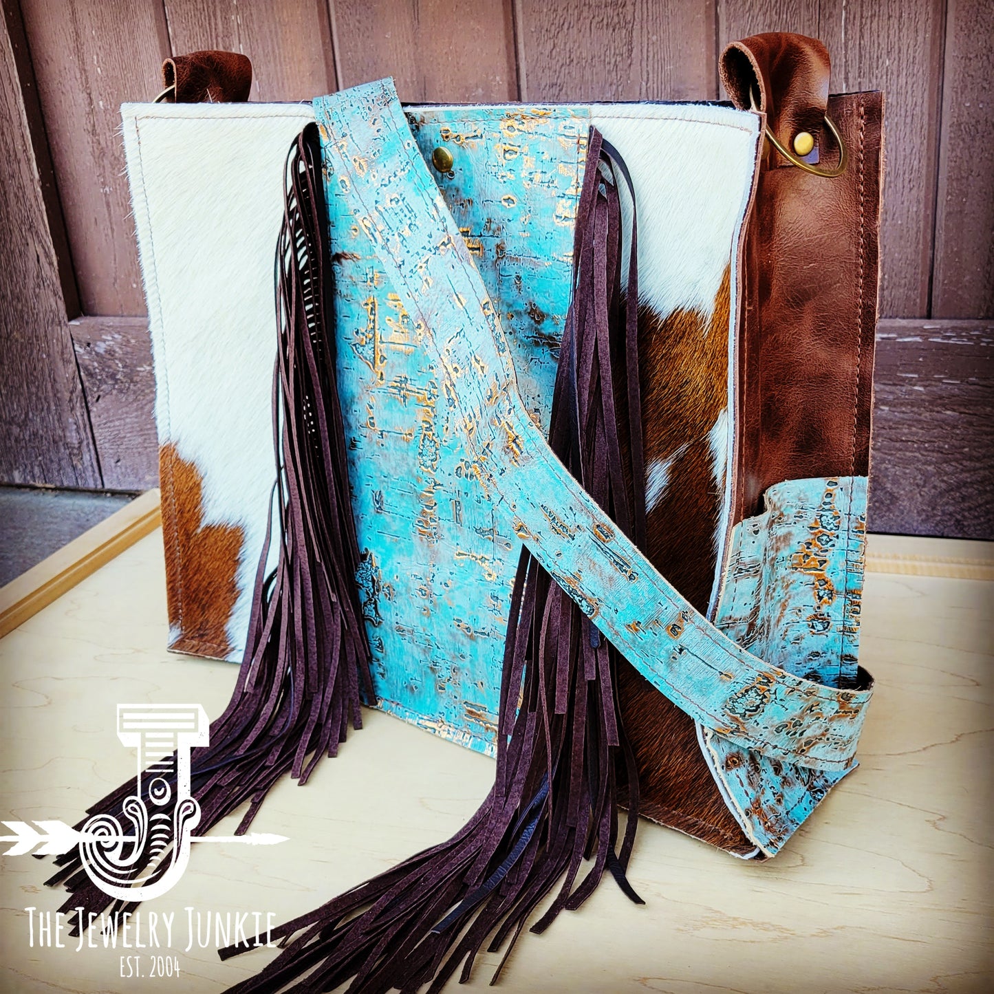 Large Hair on Hide Box Handbag w/  Turquoise Metallic Accent 506p