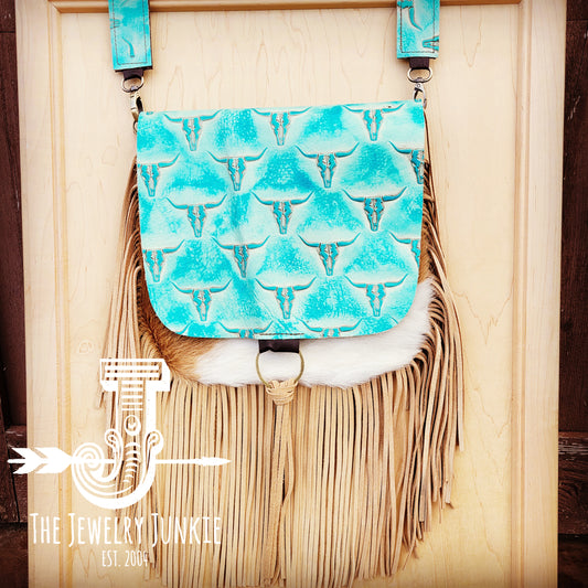 Hair-On-Hide w/ Turquoise Steer Head Flap Crossbody Handbag 510p