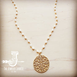 *Matte Gold Scroll Pendant on Long Genuine Freshwater Pearl Necklace 255j