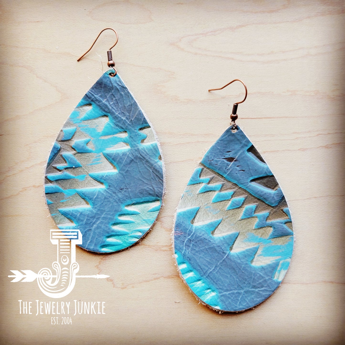 *Leather Teardrop Earring-Aztec Cyan 210L