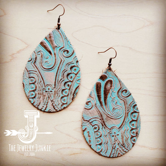 Leather Teardrop Earring-Napolis Turquoise and Brown