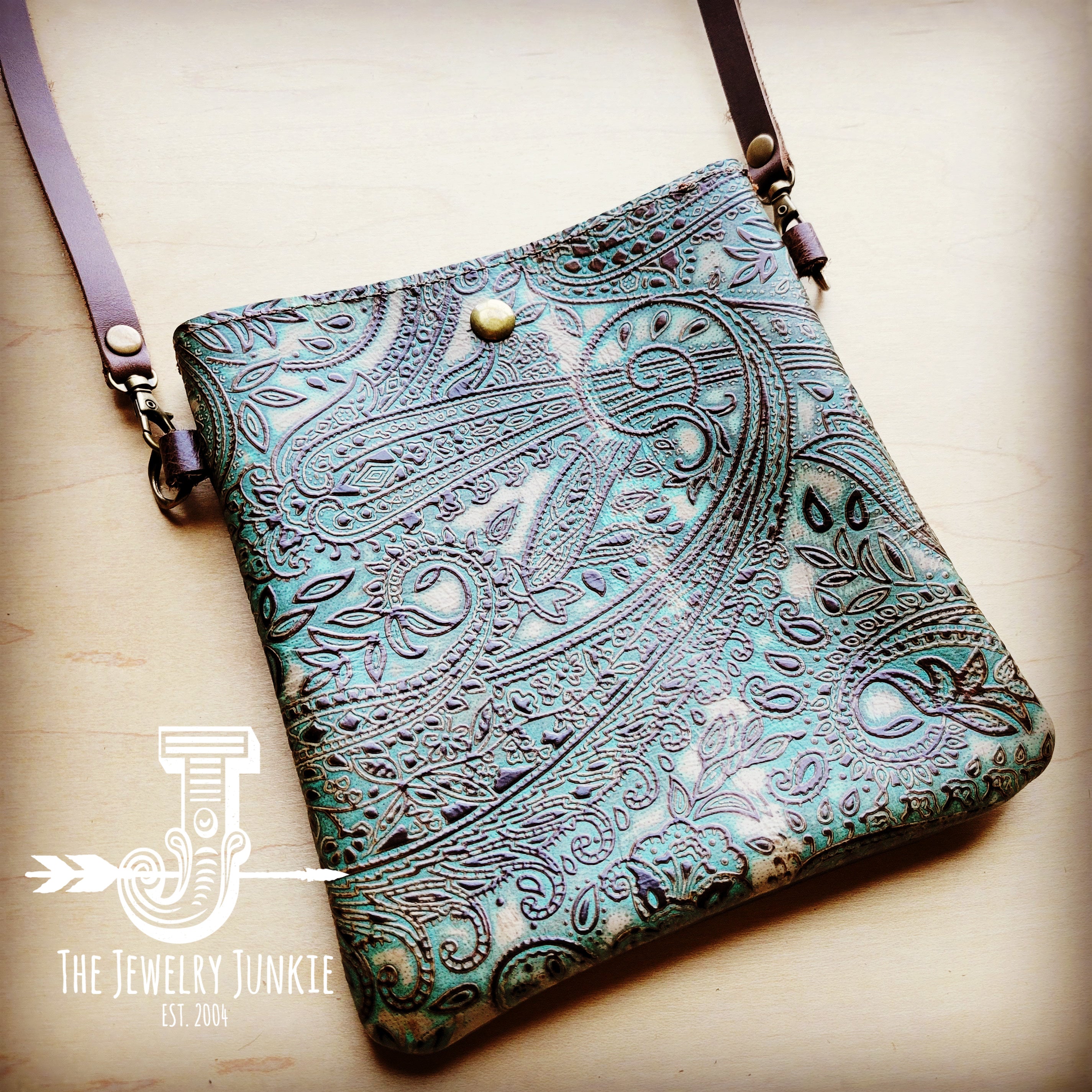 **Small Crossbody Handbag w/ Turquoise Brown Paisley Leather 508i - The Jewelry Junkie