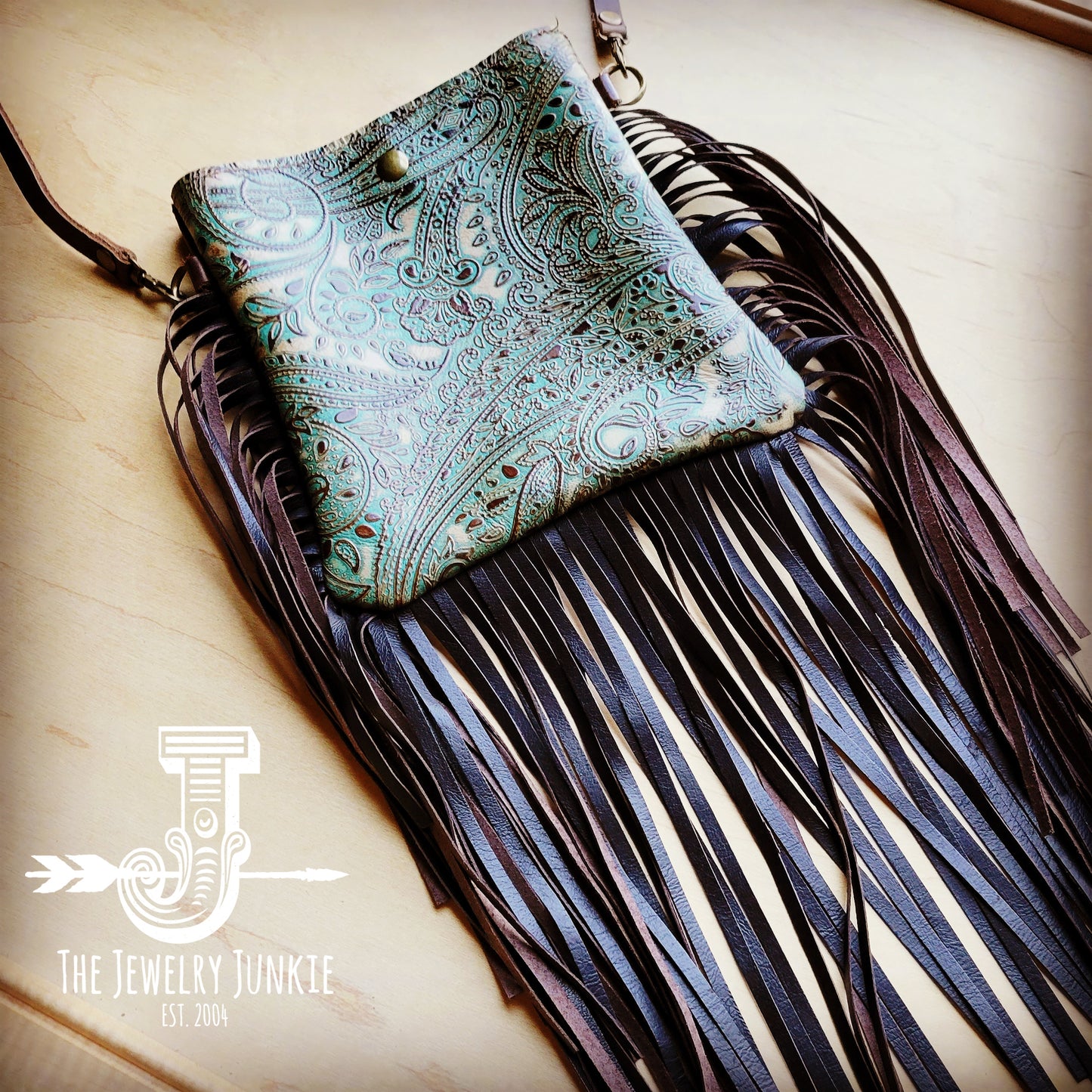 **Small Crossbody Handbag w/ Turquoise Brown Paisley Full Fringe 508f