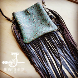 **Small Crossbody Handbag w/ Turquoise Brown Paisley Full Fringe 508f
