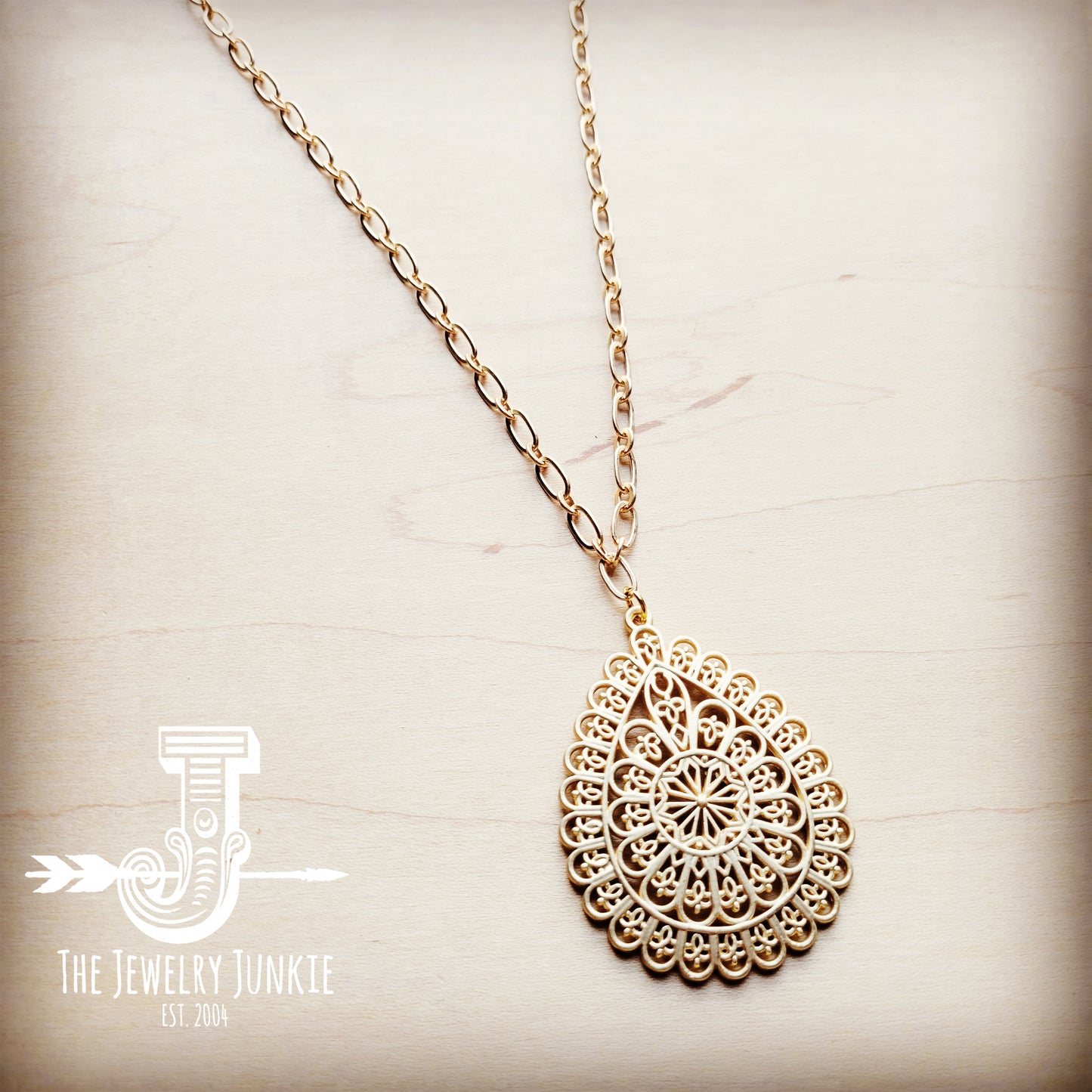 *Matte Gold Long Necklace w/ Teardrop Filigree Pendant 255k
