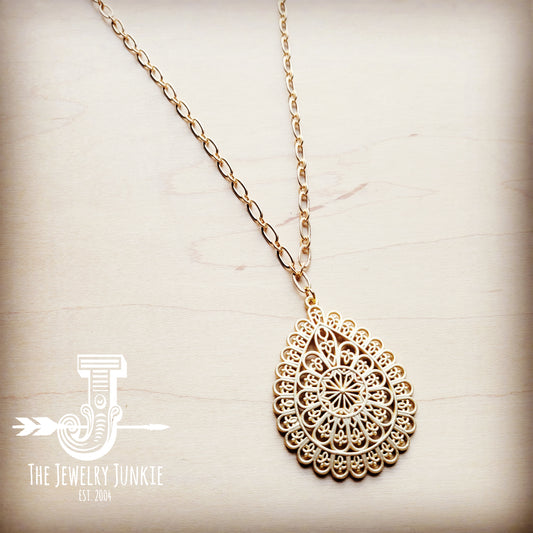 Matte Gold Long Necklace w/ Teardrop Filigree Pendant 255k