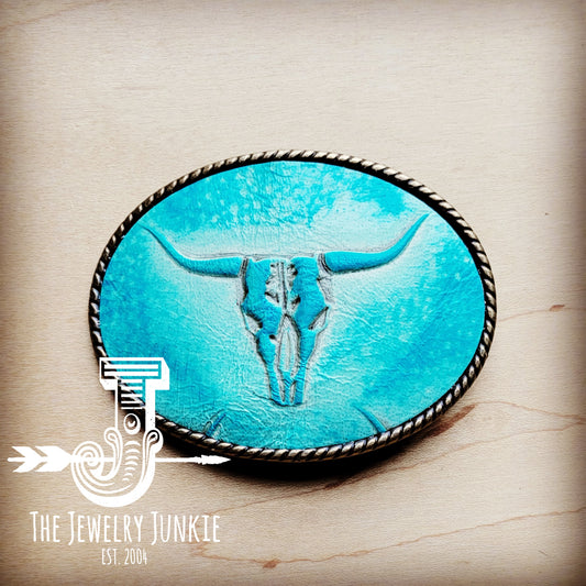 Rope Edge Turquoise Steer Head Leather Belt Buckle 903m