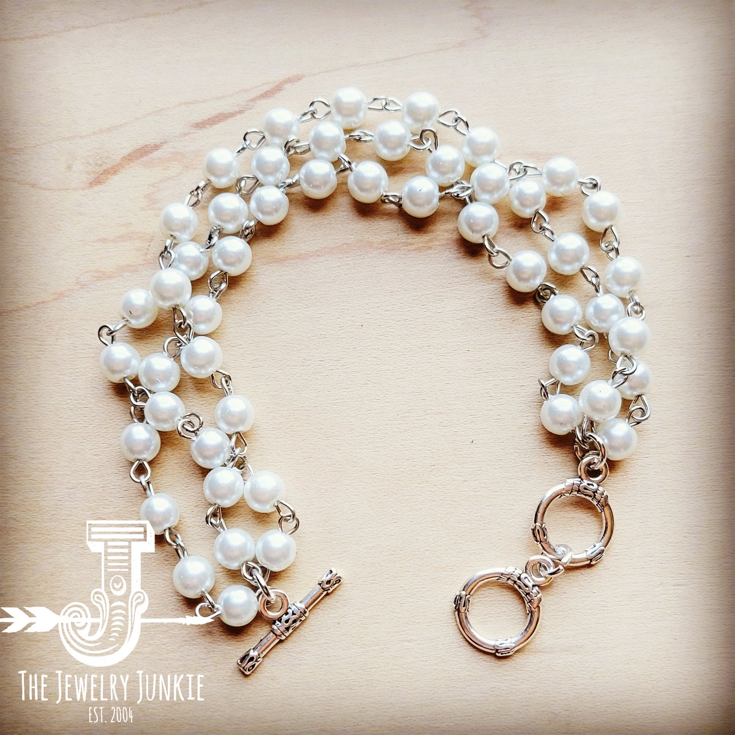 Triple Strand Pearl and Silver Bracelet