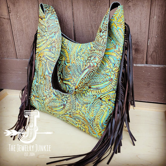 Montana Embossed Leather Hobo Handbag in Dallas Turquoise 508q