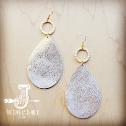 Leather Teardrop Earrings Heavy Metal White w/ Matte Gold Hoop 210r