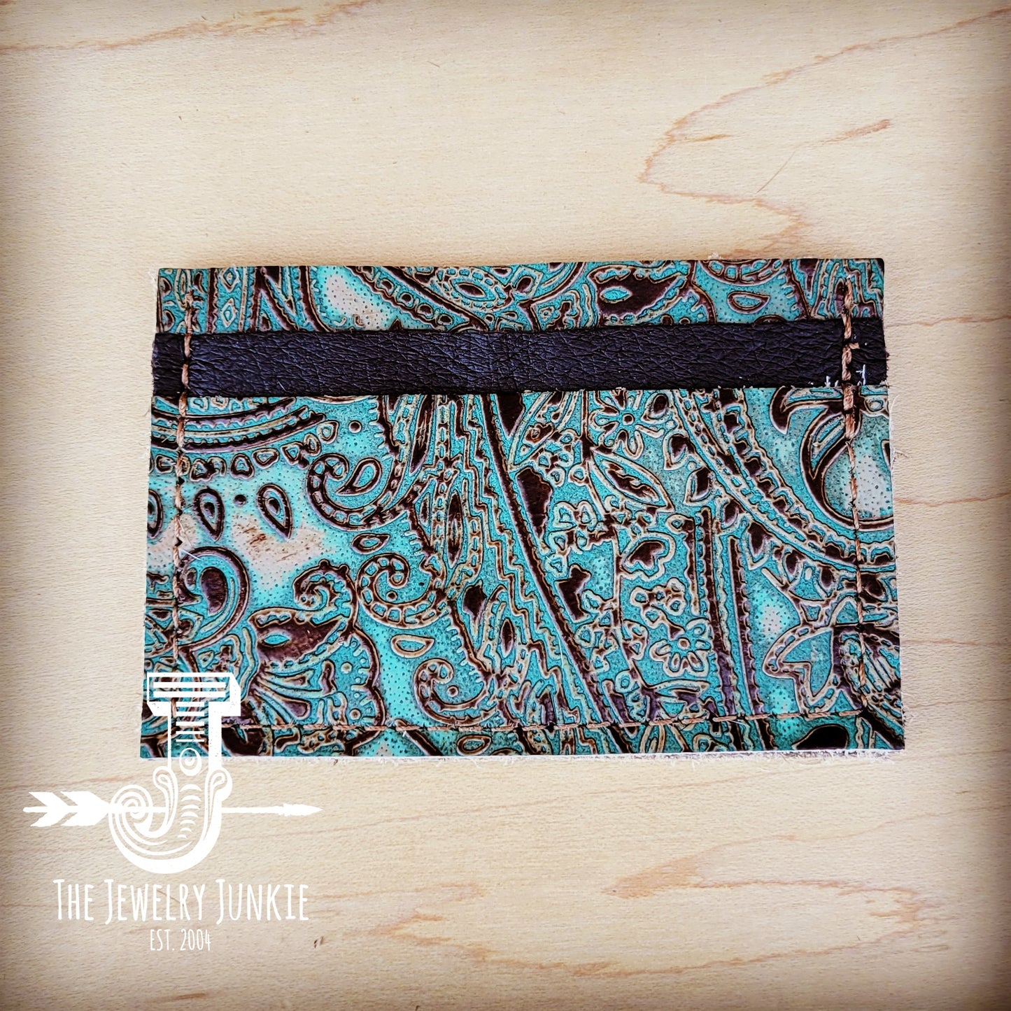 **Embossed Leather Credit Card Holder-Turquoise Brown Paisley 602x