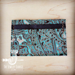 **Embossed Leather Credit Card Holder-Turquoise Brown Paisley 602x