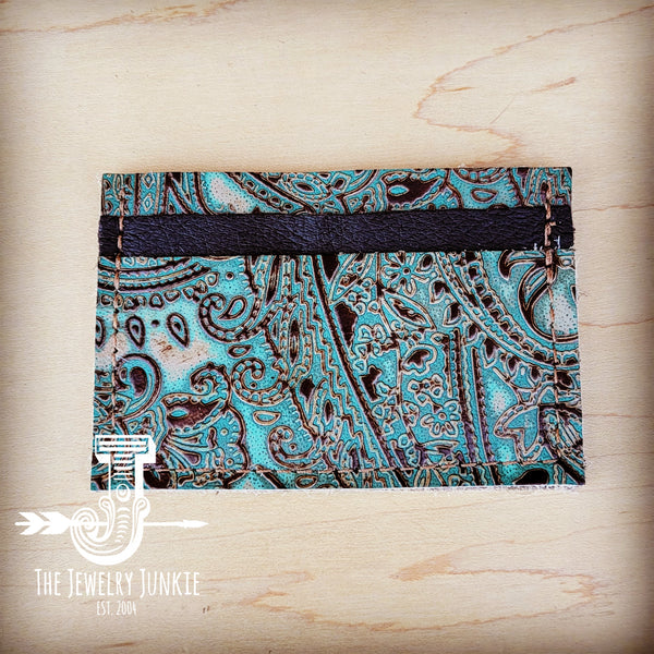 **Embossed Leather Credit Card Holder-Turquoise Brown Paisley 602x