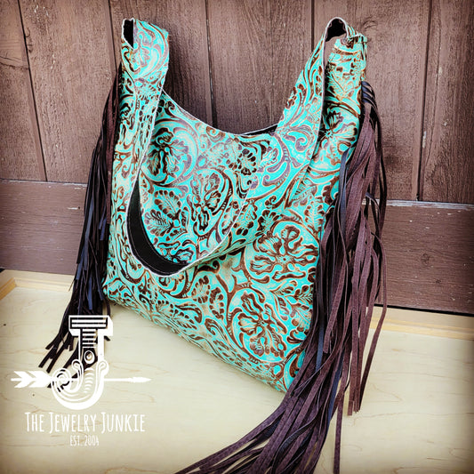 Montana Embossed Leather Hobo Handbag in Cowboy Turquoise 508m