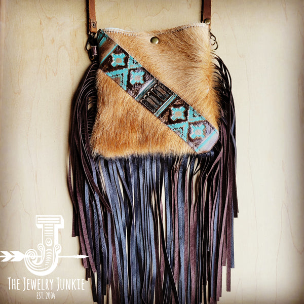 Small Crossbody Handbag w/ Santa Fe Leather Accent Full Fringe 507j