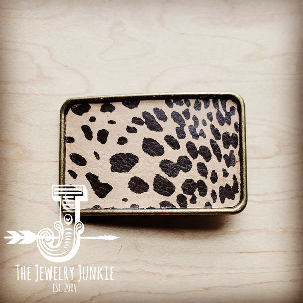 Rectangle Leather Belt Buckle Cheetah Suede 903y