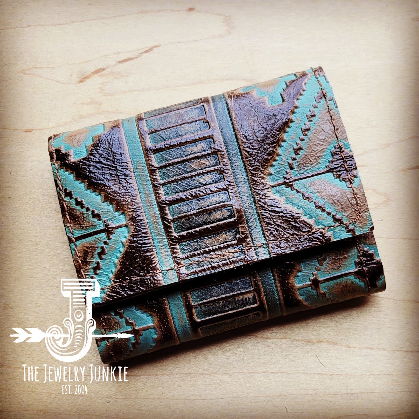 Arizona Tri-Fold Embossed Leather Wallet-Turquoise Navajo 302x