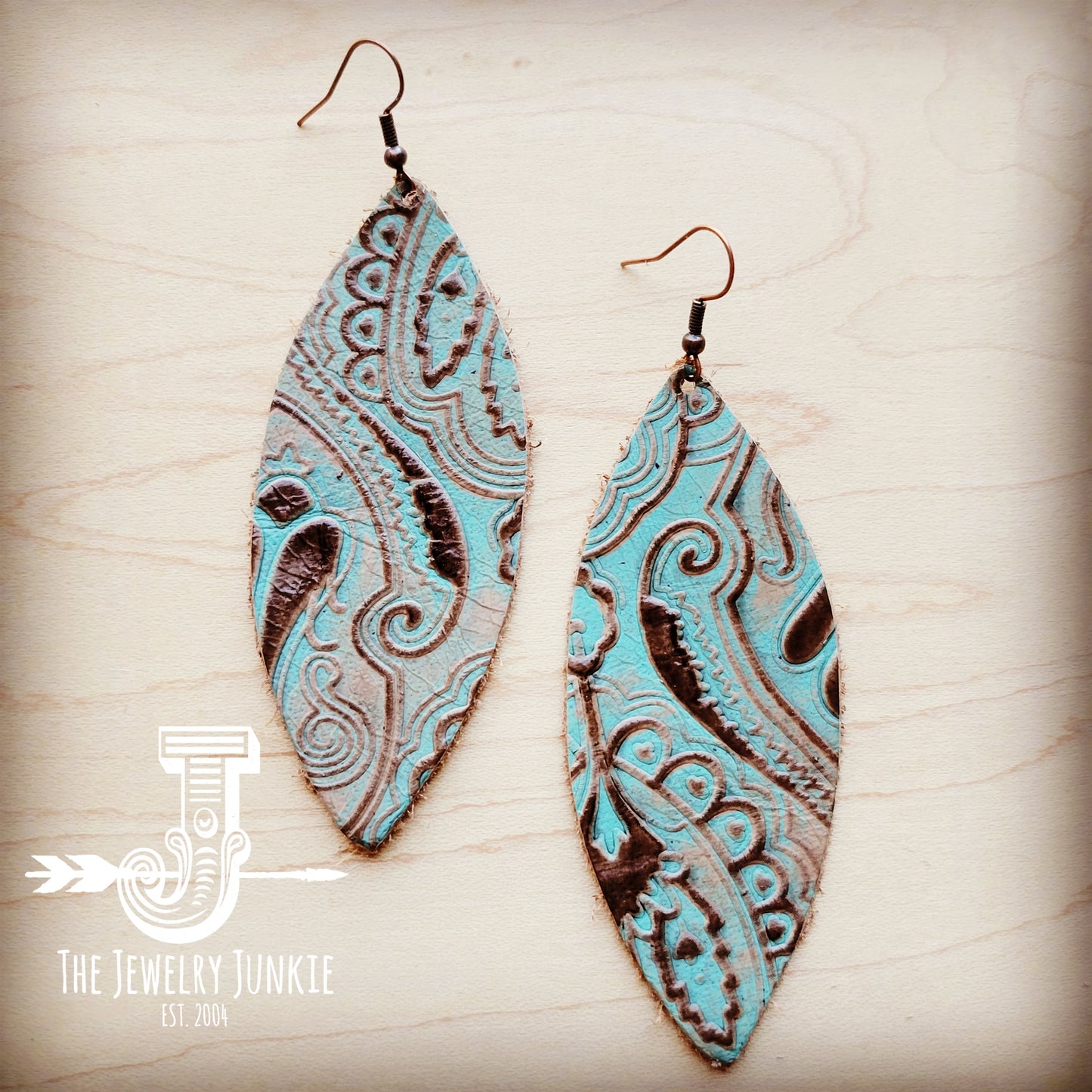 Narrow Leather Oval Earring-Napolis Turquoise & Brown