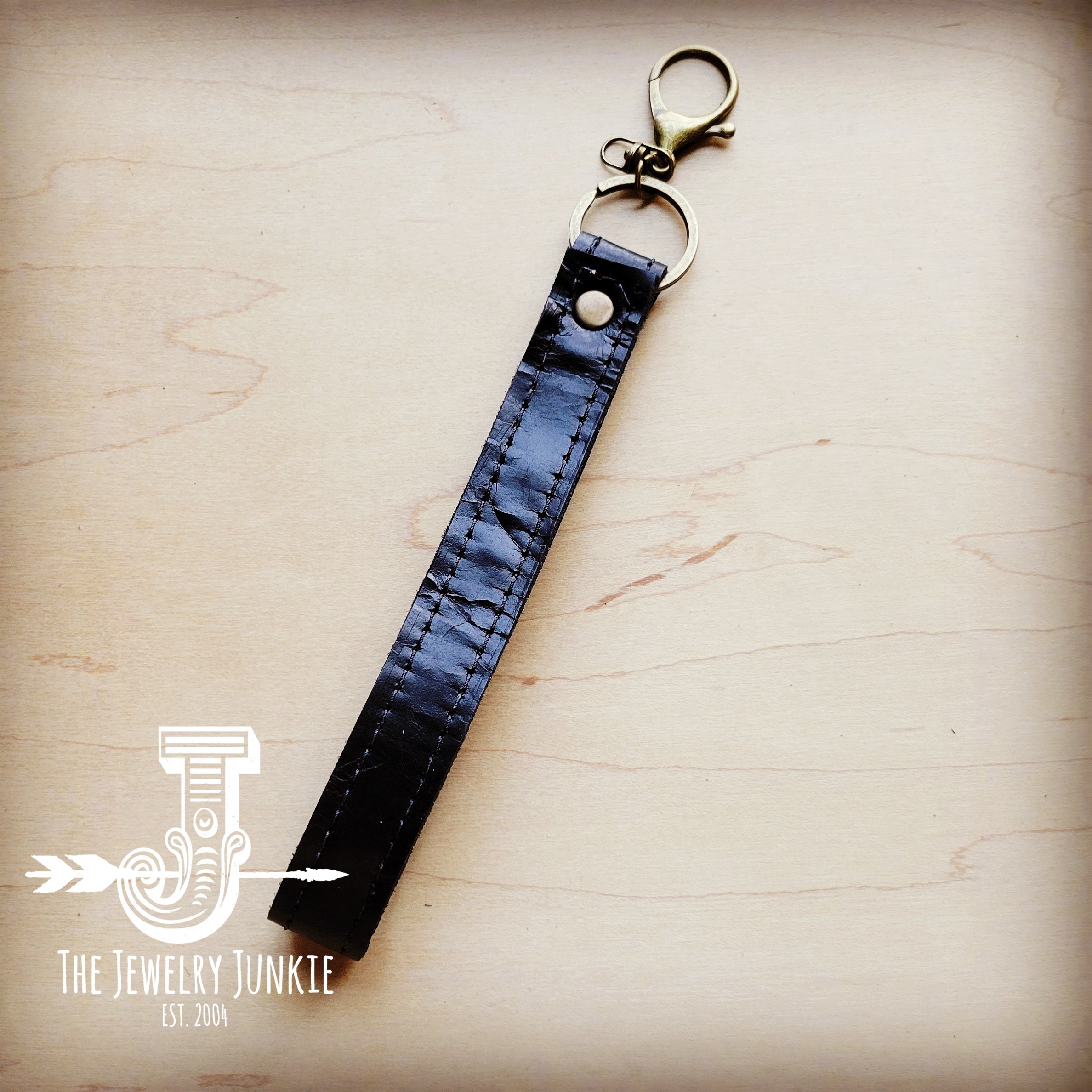 **Embossed Leather Key Chain Strap in Distressed Black 702t The