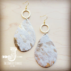 Leather Teardrop Earrings Hair-on-Hide White Metallic w/ Matte Gold Hoop 210t