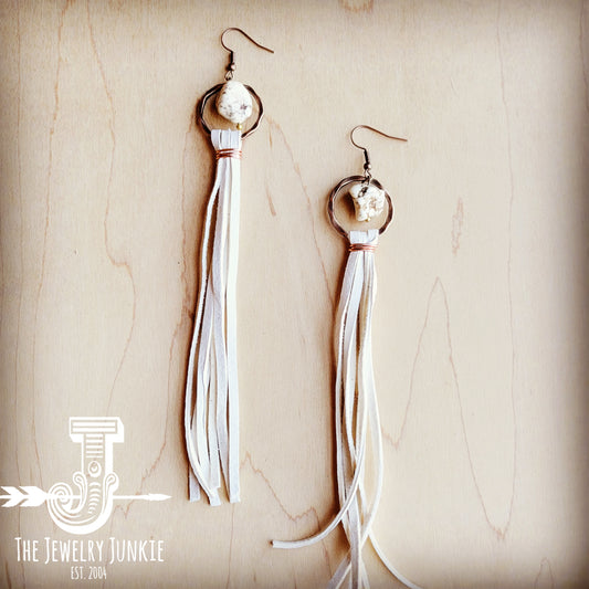 Turquoise Drop Earrings w/ Leather Tassel-Cream