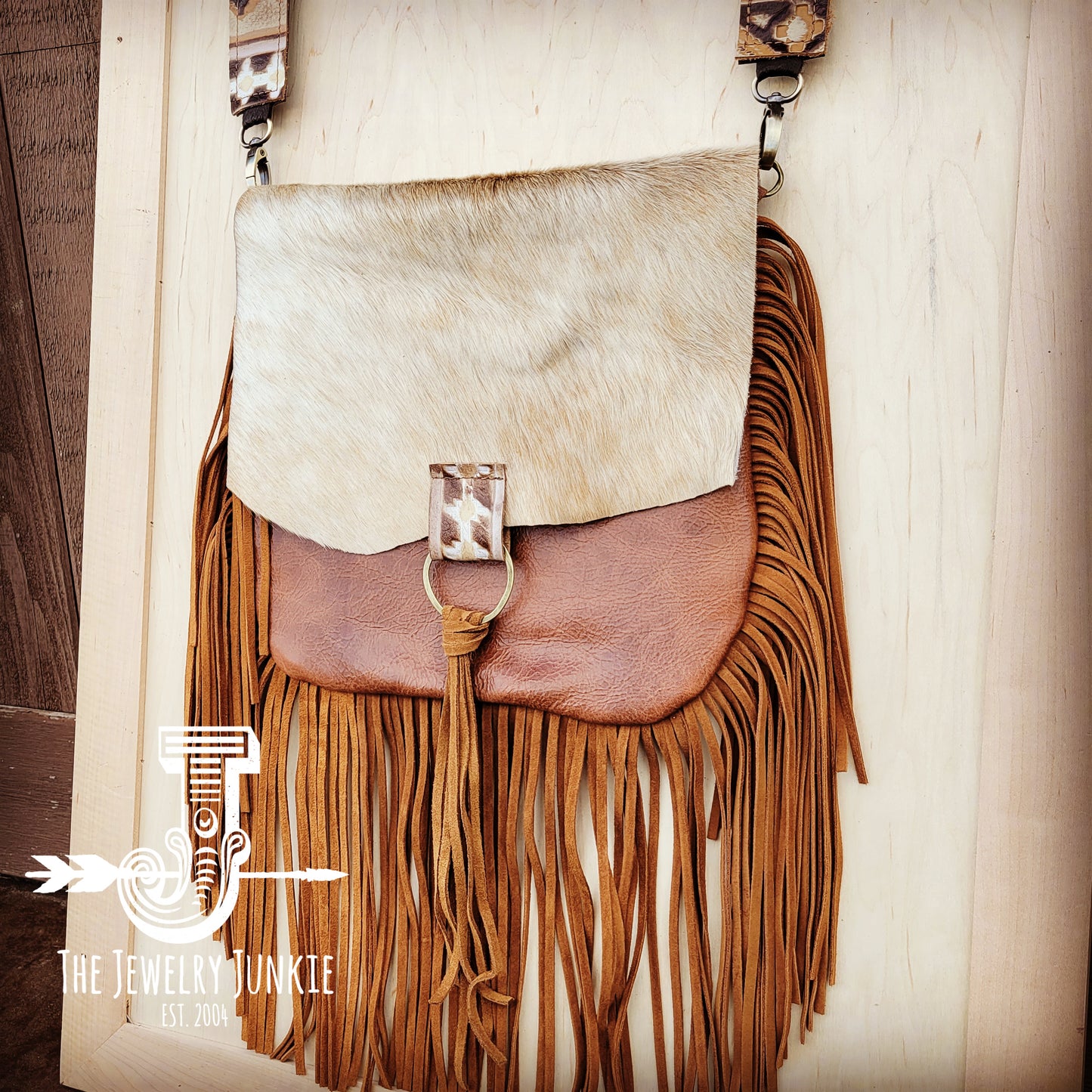 Leather Handbag w/ Hair-on-Hide Flap and Hoop Tassel Accent 510n