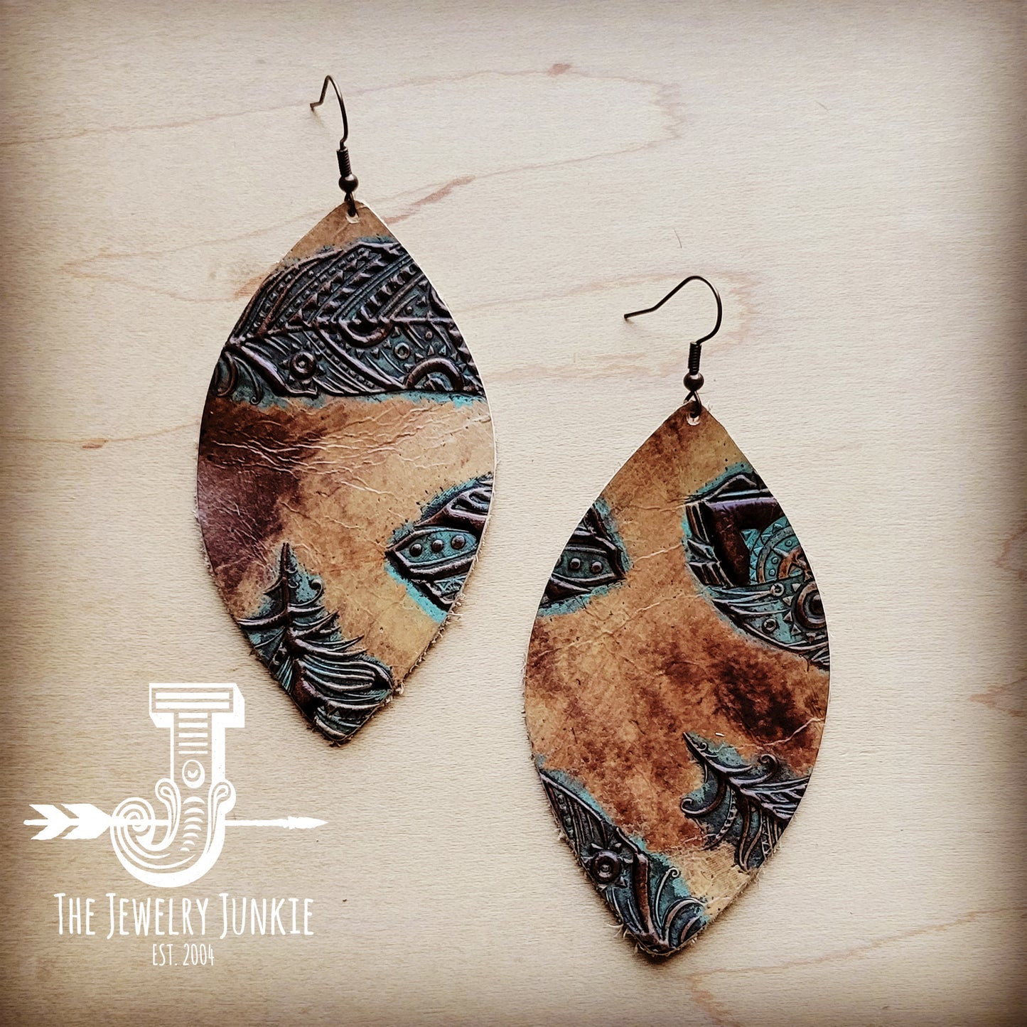 **Leather Oval Earrings-Plumas Sepia Turquoise  209m