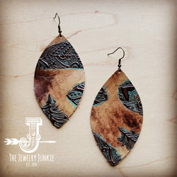 **Leather Oval Earrings-Plumas Sepia Turquoise  209m