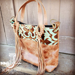 Tejas Leather Bucket Hide Handbag with Turquoise Laredo Accent 506u