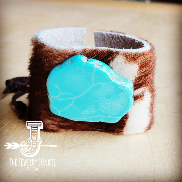 **Leather Cuff w/ Tie-Axis Deer Hide w/ Turquoise Slab 001e