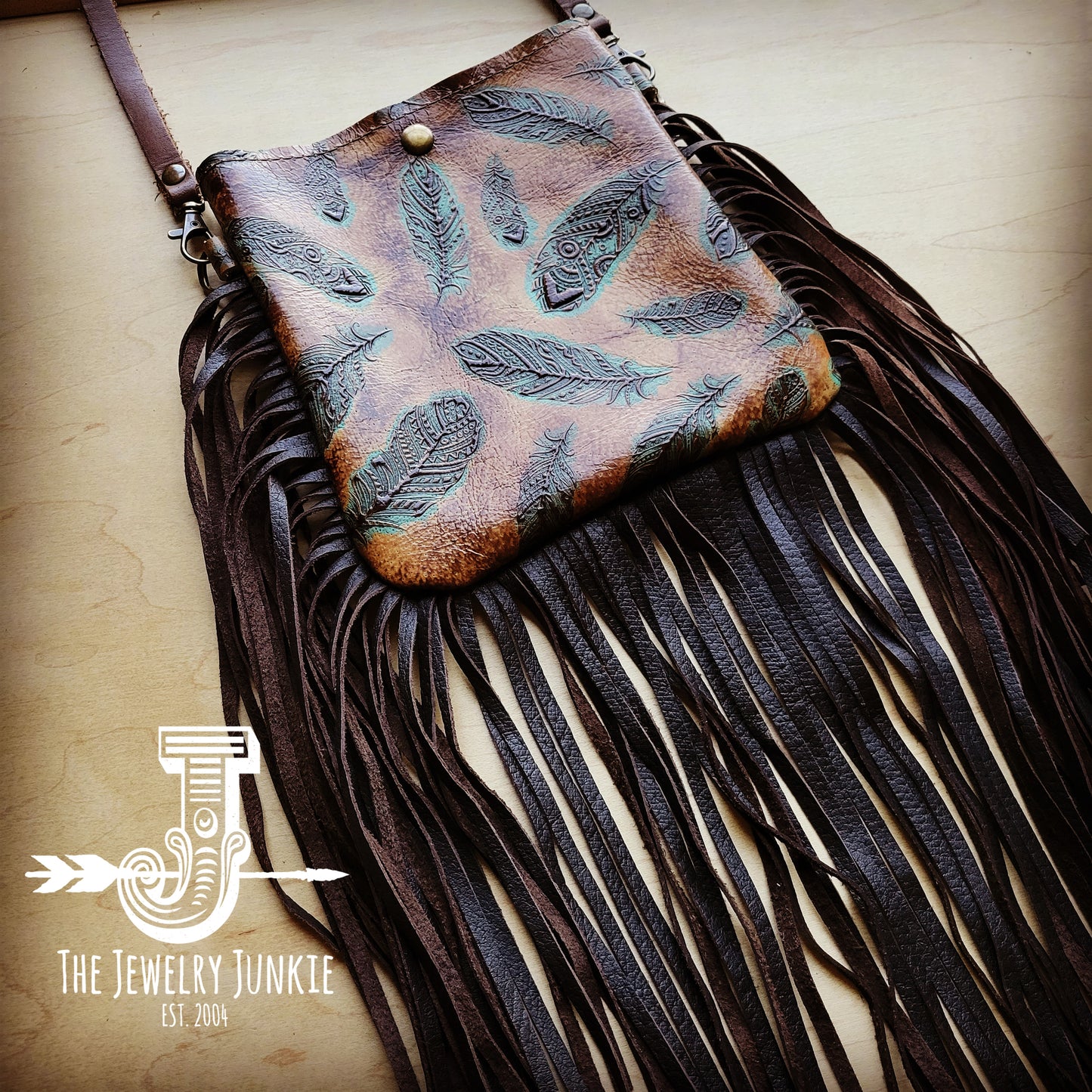 **Small Crossbody Handbag w/ Plumas Sepia Leather Full Fringe 509w