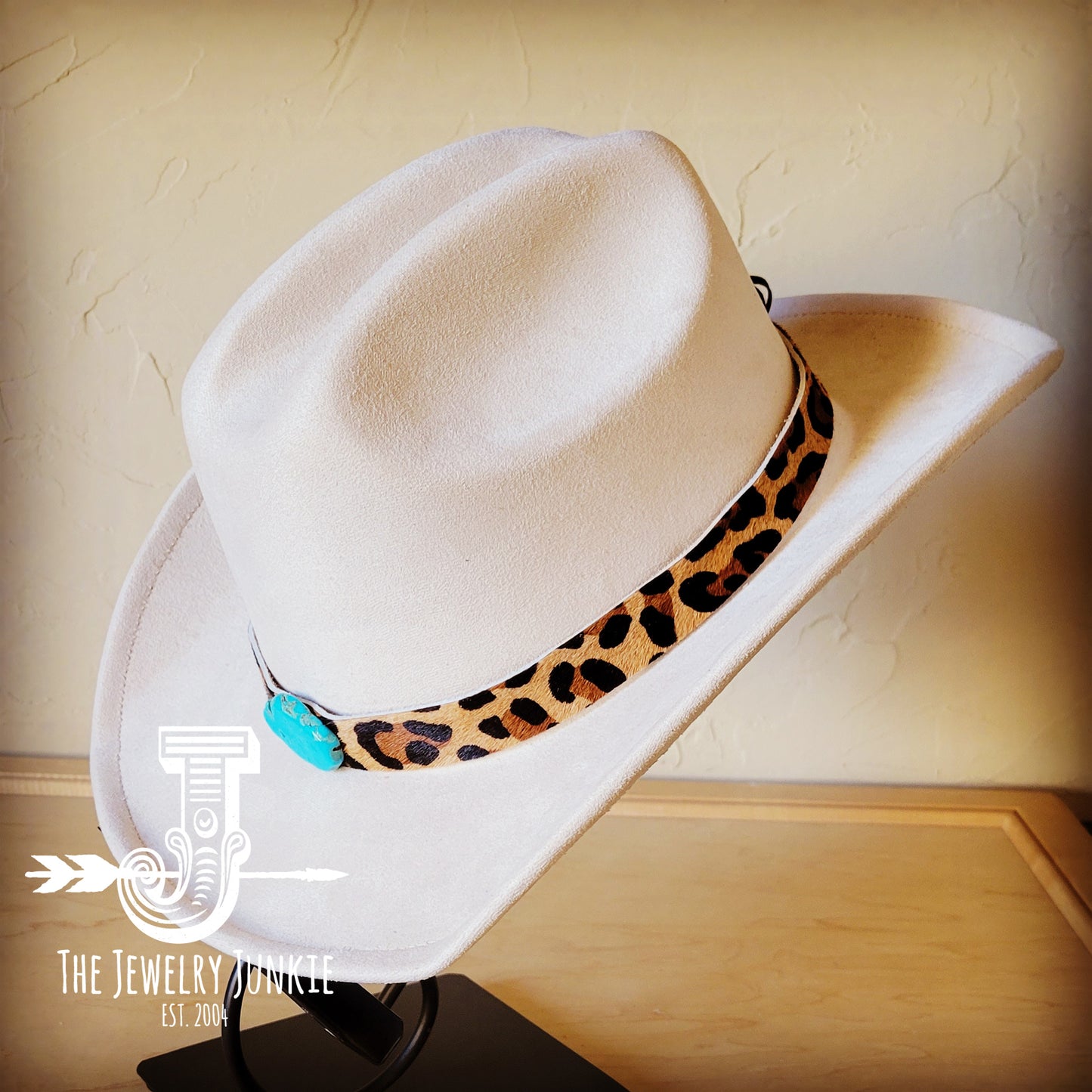 Leopard Hair on Hide Leather Hat Band Only w/ Turquoise Slab 950w