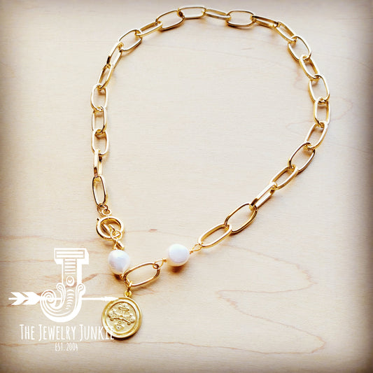 Gold Chain Necklace with Freshwater Pearl Accents and charm 255m