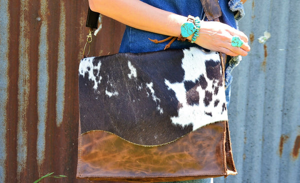 Large Leather Box Handbag w/ Hair on Hide Flap 505r