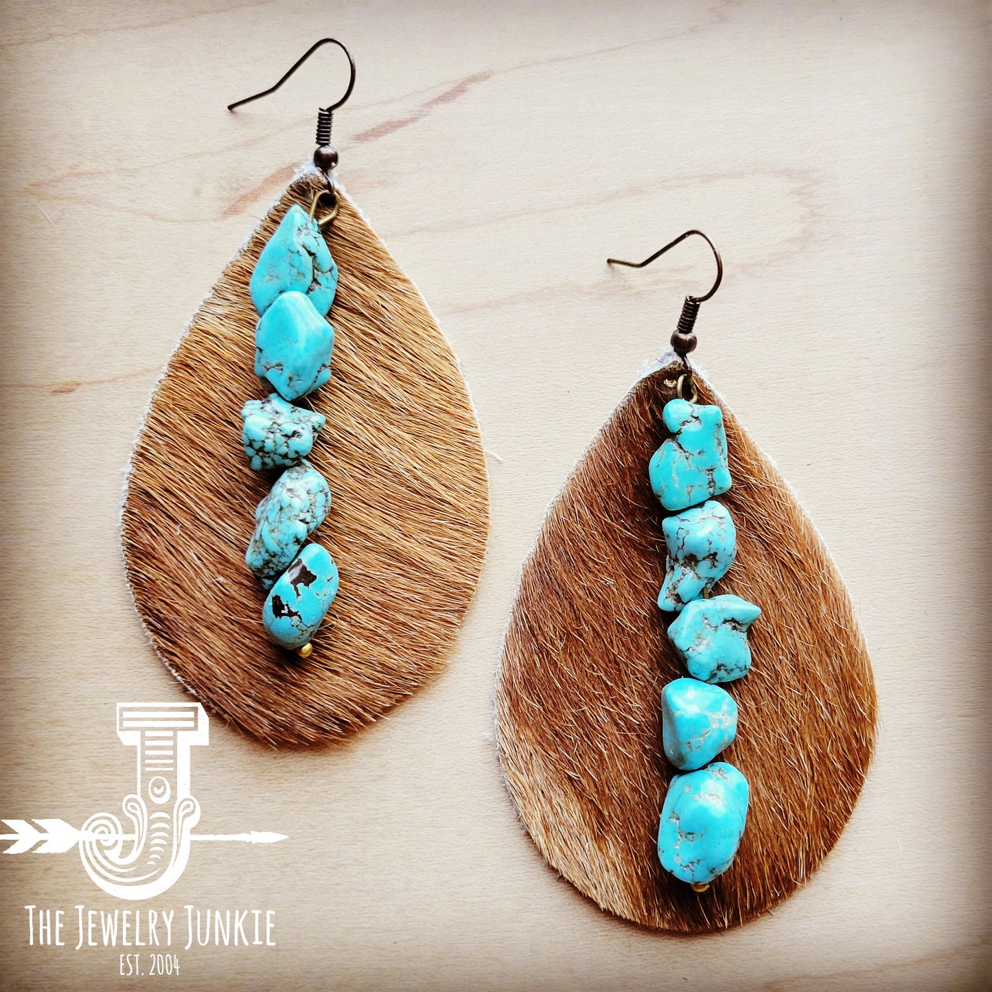 Leather Teardrop Tan Hair-on-Hide Earring w/ Turquoise 207L