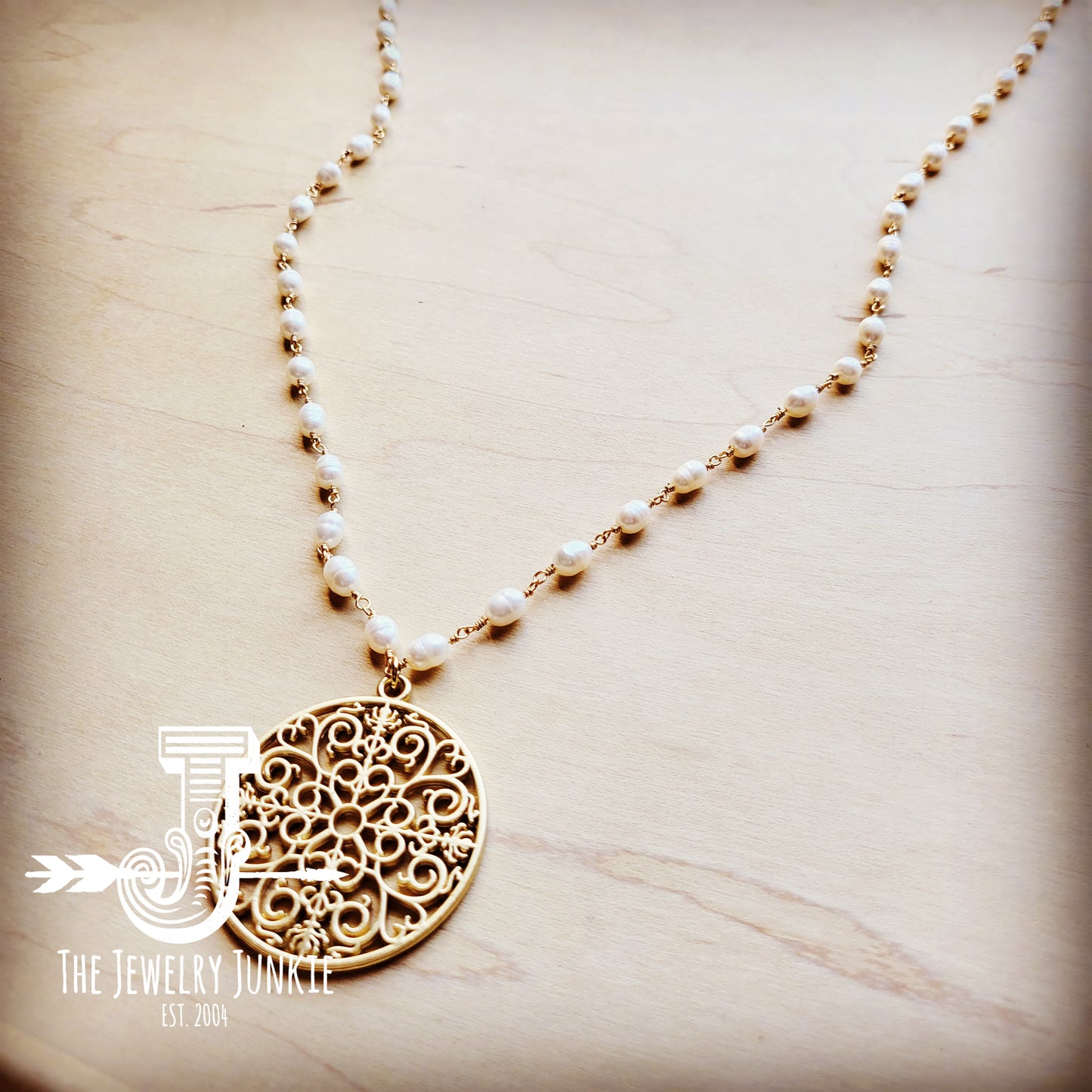 *Matte Gold Scroll Pendant on Long Genuine Freshwater Pearl Necklace 255j